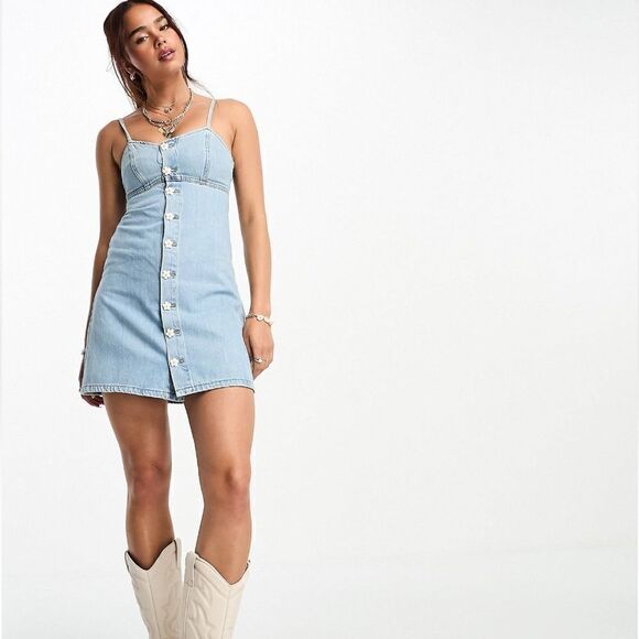 ASOS Urban Revivo Denim Cami Mini Dress with Daisy Buttons in Blue - Picture 1 of 10